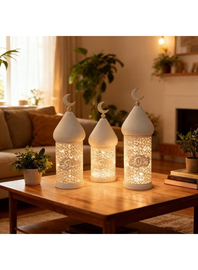Ramadan Moroccan Lantern, 3PCS White Hollow Out Metal LED Light with Gold Moon Topper for Indoor Outdoor Home Decor, Table Centerpieces, Ramadan, Eid, Wedding Decorations, FD778-ZH1 - Image 3
